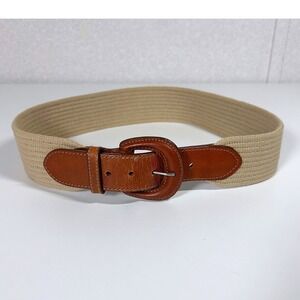 VTG LANDS' END Women's Woven Fabric Leather Belt tan leather Buckle 2"